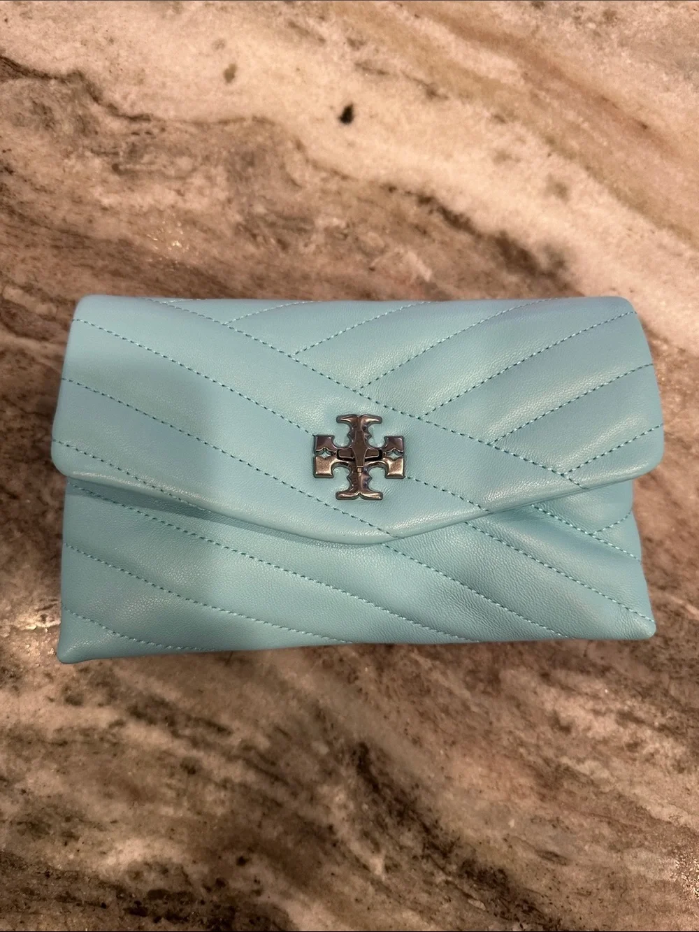Tory Burch Kira Chevron Crossbody Chain Wallet WOC Light Celeste NWOT